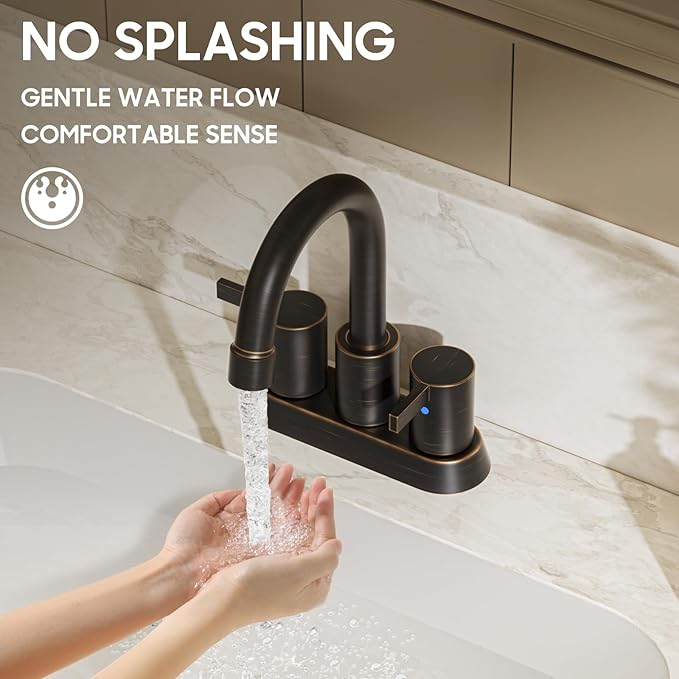 Phiestina 2 or 3 Holes Oil Rubbed Bronze 4 Inch 2 Handle Centerset Lead-Free Bathroom Sink Faucet, 360 Degree Swivel Spout with Copper Pop Up Drain and 2 Water Supply Lines, BF015-1-ORB
