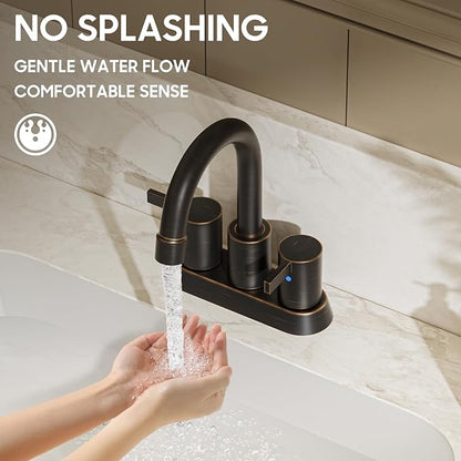 Phiestina 2 or 3 Holes Oil Rubbed Bronze 4 Inch 2 Handle Centerset Lead-Free Bathroom Sink Faucet, 360 Degree Swivel Spout with Copper Pop Up Drain and 2 Water Supply Lines, BF015-1-ORB