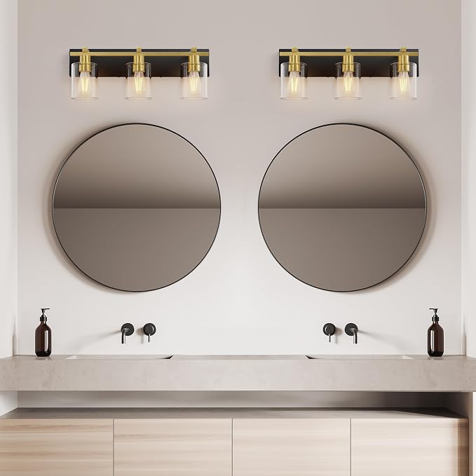 3-Light 21inch Black and Gold Vanity Light, Thickened Clear Glass | Over Mirror for Bathroom, Rust Resistant, E26 Base, Easy Install, Removable Glass Shade Horizontal Mount, Dimmable