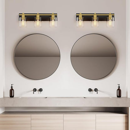 3-Light 21inch Black and Gold Vanity Light, Thickened Clear Glass | Over Mirror for Bathroom, Rust Resistant, E26 Base, Easy Install, Removable Glass Shade Horizontal Mount, Dimmable