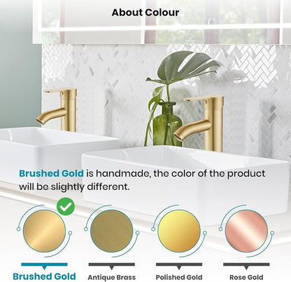 gotonovo Modern Vessel Sink Faucet with ABS Pop Up Drain, Brushed Gold | Modern Tall Bathroom Faucet 1 Hole Single Handle Round Body, cUPC Water Supply Hoses, Basin Mixer Tap for Vanity Lavatory Rv