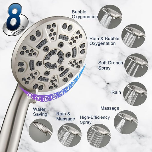 Cobbe 8-Setting Handheld Shower Head, Water-Saving Design, Brushed Nickel | Trickle Pause Mode, 5ft Stainless Steel Hose, Brass Swivel Bracket, Tool-Free Installation