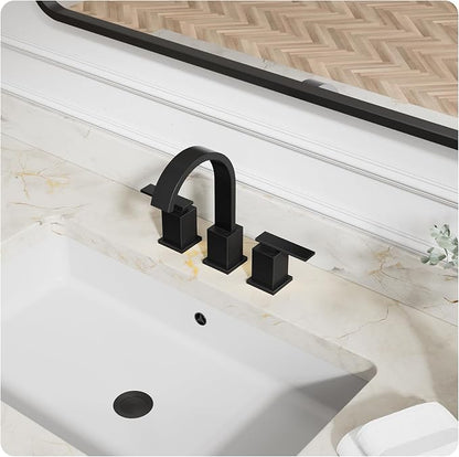 8 Inch Widespread Waterfall Matte Black Bathroom Faucet,3 Hole Vanity Faucet with Pop Up Drain and Water Supply Line, WF011-MB
