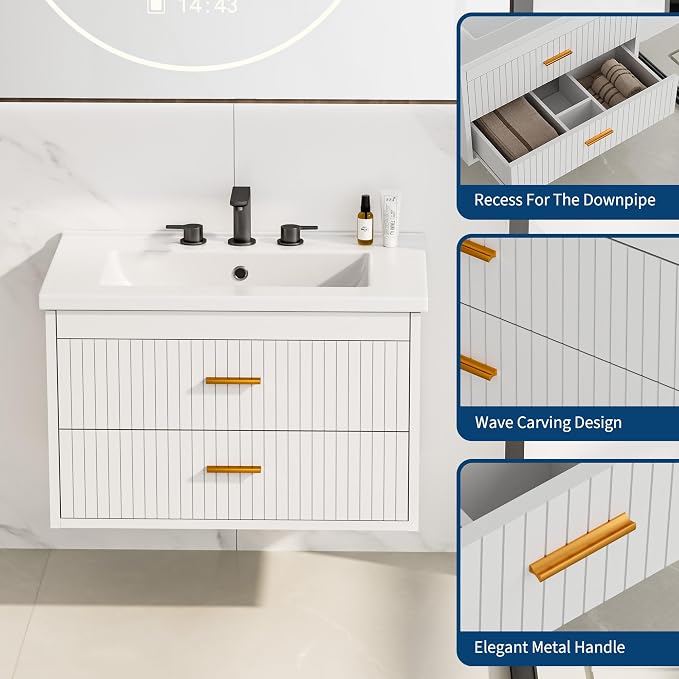 Floating Bathroom Vanity with Sink, 24 Inch Wall Mounted Fluted Vanity | Bathroom Cabinet with Ceramic Sink Top & 2 Soft-Close Drawers, Gold Metal Handle, Easy to Assembly White