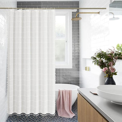 White Boho Farmhouse Shower Curtain with Tassels, Rustic Cottagecore Aesthetic Bohemian Chic Modern Bathroom Decor Thick Waffle Textured Fabric Shower Curtain Set with Hooks, 72x72 | 320 GSM French Country Plaid Tassel Shower Curtain, Rustic Aesthetic ...