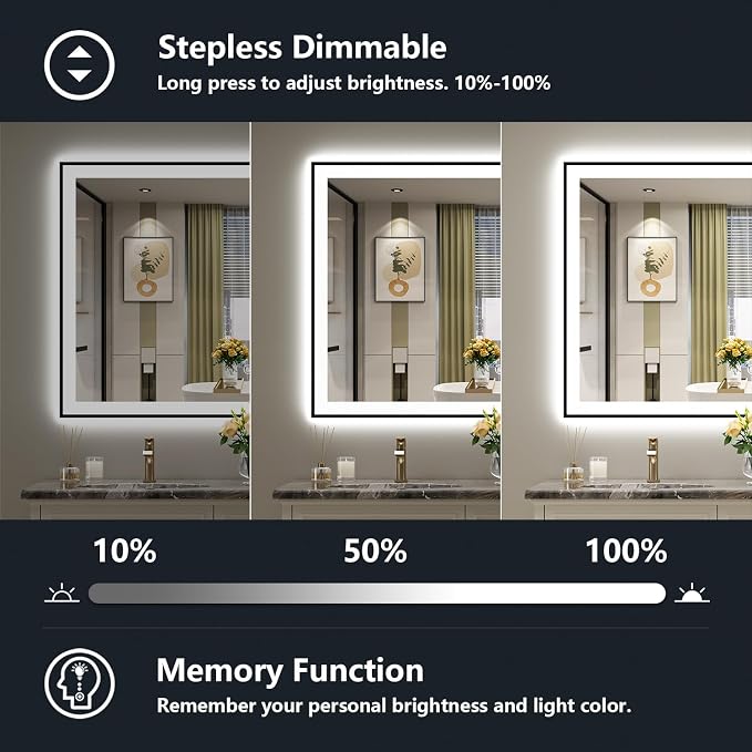 48x36 LED Bathroom Mirror with Lights, Black Framed Lighted Mirror | Backlit and Front Light, Anti-Fog, 3 Color Dimmable, Memory, Tempered Glass, IP54 Waterproof, UL Listed