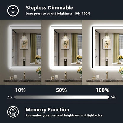 48x36 LED Bathroom Mirror with Lights, Black Framed Lighted Mirror | Backlit and Front Light, Anti-Fog, 3 Color Dimmable, Memory, Tempered Glass, IP54 Waterproof, UL Listed