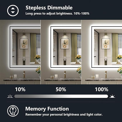 40x36 LED Bathroom Mirror with Lights, Black Framed Lighted Mirror | Backlit and Front Light, Anti-Fog, 3 Color Dimmable, Memory, Tempered Glass, IP54 Waterproof, UL Listed