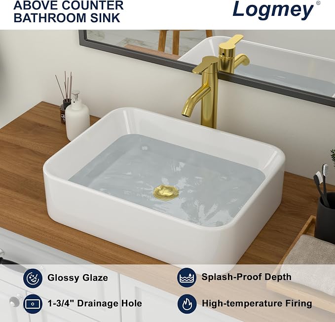 Logmey 19 Inch White Bathroom Vessel Sink 19x15 Inch Large Rectangle Vessel Sink for Bathroom Porcelain Ceramic Modern Countertop Above Counter Bathroom Vanity Sink Art Basin