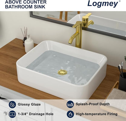 Logmey 19 Inch White Bathroom Vessel Sink 19x15 Inch Large Rectangle Vessel Sink for Bathroom Porcelain Ceramic Modern Countertop Above Counter Bathroom Vanity Sink Art Basin