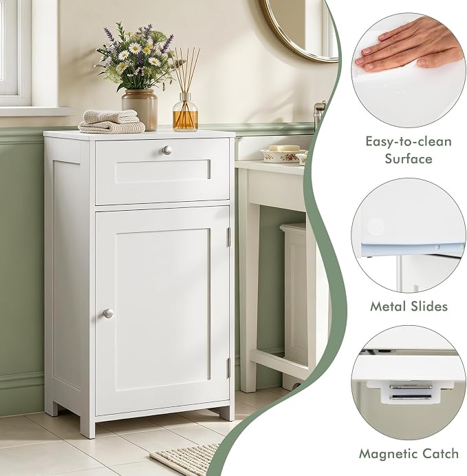 GIANTEX Floor Bathroom Storage Cabinet with Door and Drawer (White) | Freestanding Cabinet with Adjustable Shelf, Anti-tipping Device, Storage Organizer for Bathroom, Living Room, Bedroom