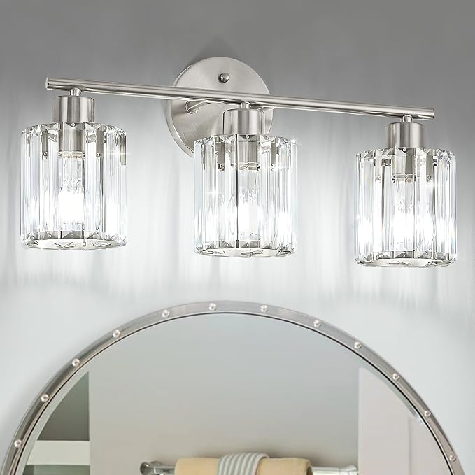 Modern Brushed Nickel Crystal Bathroom Light Fixtures,3-Light | Bathroom Lighting Fixtures over Mirror,Vanity Lights for Mirror, Restroom(Ceramic E26 Socket,Bulbs Not Include)