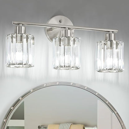 Modern Brushed Nickel Crystal Bathroom Light Fixtures,3-Light | Bathroom Lighting Fixtures over Mirror,Vanity Lights for Mirror, Restroom(Ceramic E26 Socket,Bulbs Not Include)