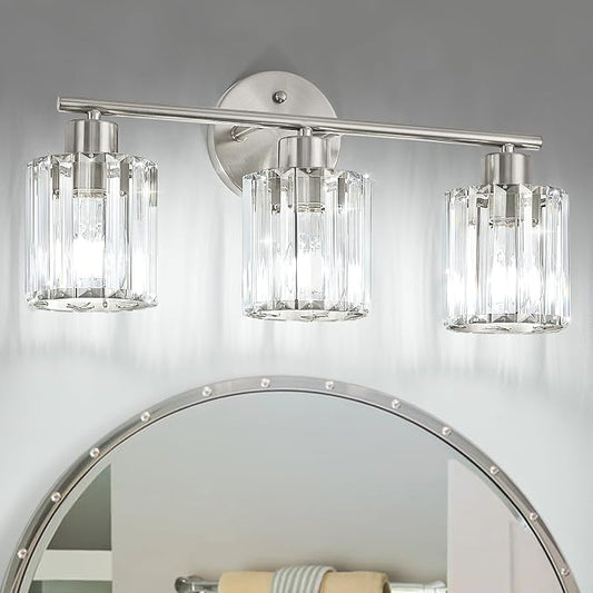 Modern Brushed Nickel Crystal Bathroom Light Fixtures,3-Light | Bathroom Lighting Fixtures over Mirror,Vanity Lights for Mirror, Restroom(Ceramic E26 Socket,Bulbs Not Include)