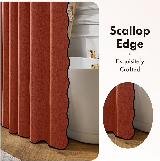 ANRODUO Burnt Orange Scalloped Linen Textured Shower Curtain, W72 x L108 | Boho Farmhouse Shower Curtain with 12 Metal Hooks, Machine Washable Waterproof Heavy Duty Fabric for Bathroom Bathtub