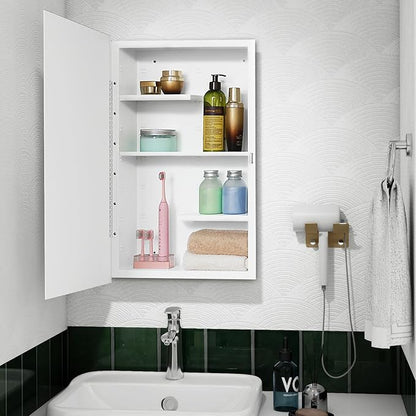Fundin White Medicine Cabinet Recessed or Surface Mount, Bathroom Medicine Cabinet with 16 x 26 Beveled Mirror and Adjustable Staggered Shelves
