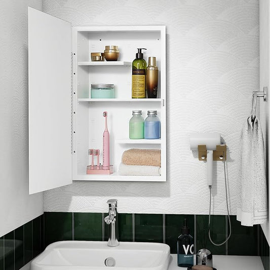 Fundin White Medicine Cabinet Recessed or Surface Mount, Bathroom Medicine Cabinet with 16 x 26 Beveled Mirror and Adjustable Staggered Shelves