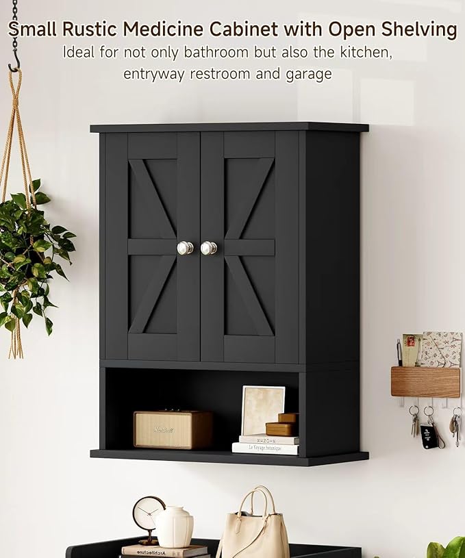 15" W x 19.7" H Black Medicine Cabinet with 2 Barn Doors, Small Farmhouse Bathroom Wall Cabinet with Adjustable Shelf, Wooden Over the Toilet Storage Cabinet for Kitchen, Laundry, Entryway