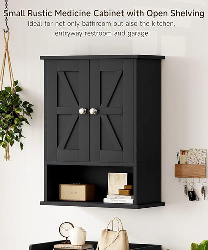 15" W x 19.7" H Black Medicine Cabinet with 2 Barn Doors, Small Farmhouse Bathroom Wall Cabinet with Adjustable Shelf, Wooden Over the Toilet Storage Cabinet for Kitchen, Laundry, Entryway