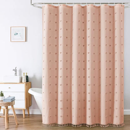 LilyCat Pink Farmhouse Tufted Floral Shower Curtain with Tassel, 72" x 78" | Waterproof Boho Fabric Shower Curtain Set with Hooks, Cute Rustic Vintage Bathroom Décor, Minimalist Cloth Bathroom Curtain