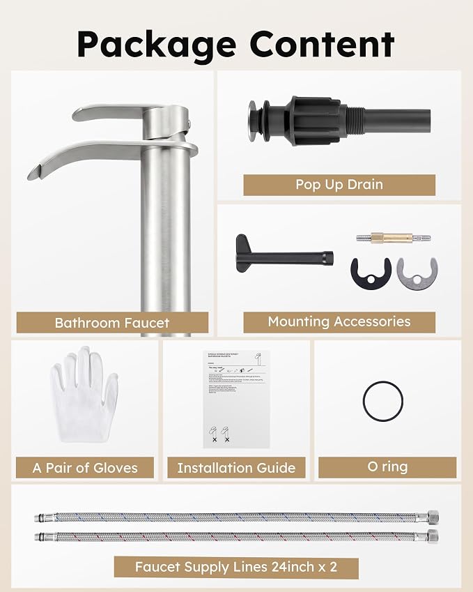 Vessel Sink Faucet Brushed Nickel for Bathroom：WOWOW Single Handle Tall Bathroom Faucet - Waterfall Single Hole Mixer Bar Tap with Large Rectangular Spout, Deck Mount Lavatory Vanity with Pop Up Drain