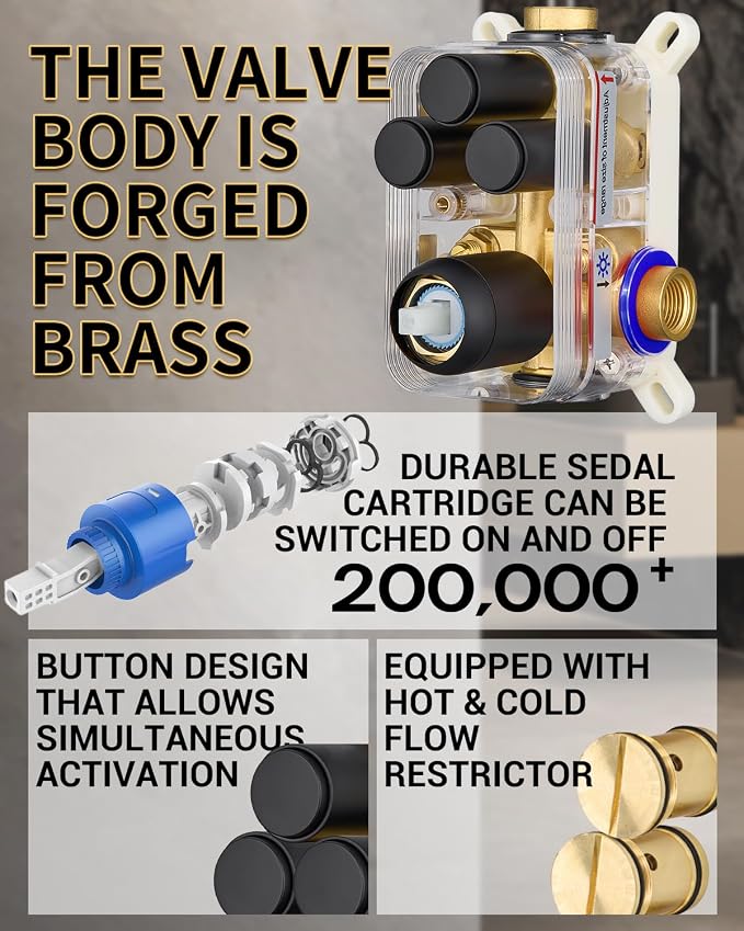Dasan Rainfall Full Body Shower Faucet System with 12'' Round Shower & 6'' Shower Head,Matte Black Dual Shower Head Faucets Set with Handheld & Valve, Double Shower Head System for Couples/ 2-Person