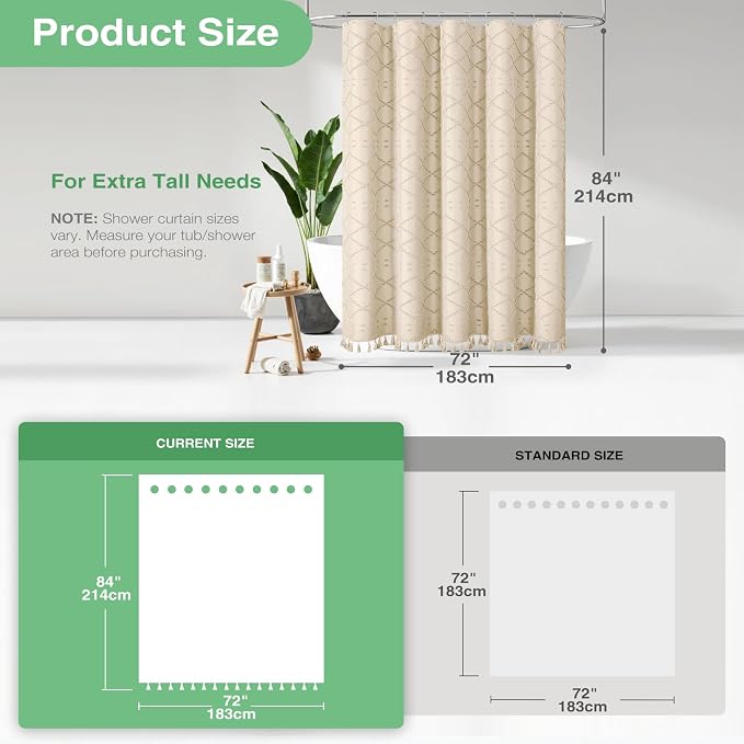 Extra Long Boho Fabric Shower Curtain Tufted Geometric 72x84 Beige | 84 Inch Tall, Elegant Tassel, Lightweight Textured Fabric, Water Repellent, Washable, Hotel Spa, for Bathroom/Dorm 12 Hooks