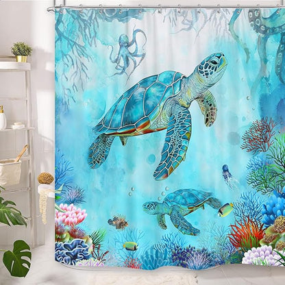 Sea Turtle Shower Curtain - Blue Ocean Underwater Marine Life With Octopus, Fish, Coral - Coastal Nautical Bathroom Decor - Hooks Included 72"X72" Blue