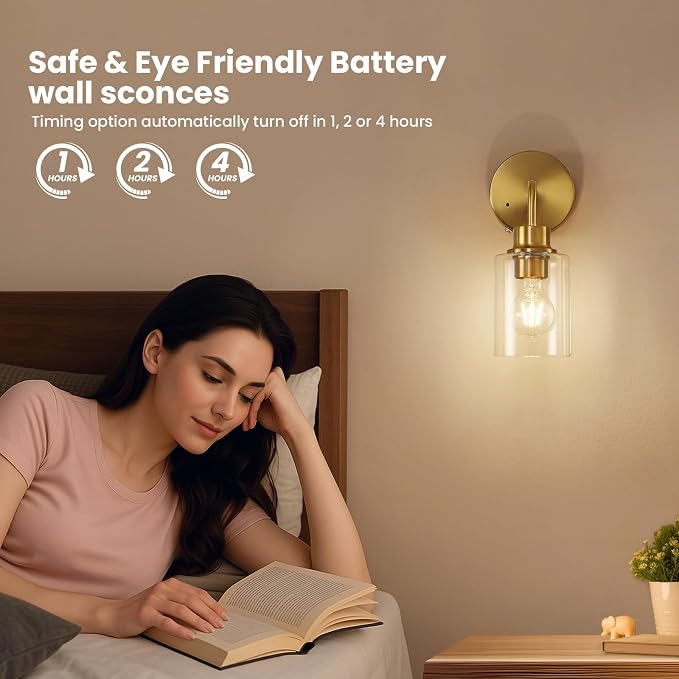 Epinl Battery Operated Wall Sconce Set of Two - Dimmable Wireless Sconces Set of 2 with Remote Control, Cordless Rechargeable Gold Wall Lights 3000K Modern Wall Lamp for Bathroom Bedroom Living Room
