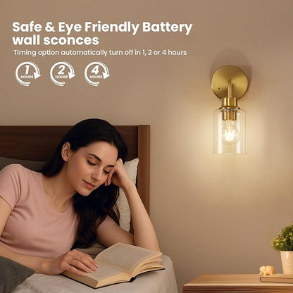 Epinl Battery Operated Wall Sconce Set of Two - Dimmable Wireless Sconces Set of 2 with Remote Control, Cordless Rechargeable Gold Wall Lights 3000K Modern Wall Lamp for Bathroom Bedroom Living Room