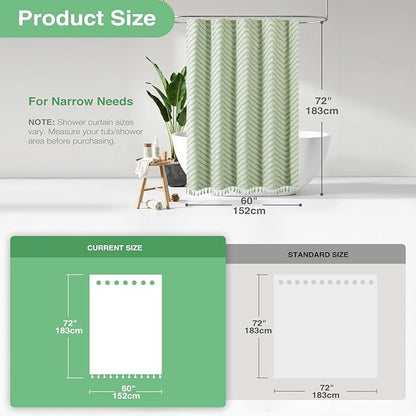 Dynamene Stall Shower Curtain and Liner Set - 60 inch Wide Boho Shower Curtain and Waterproof Clear Liner, Tufted Chevron Striped Tassel Shower Curtains for Bathroom, 10 Hooks, 60x72, Sage Green
