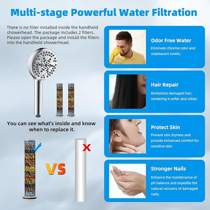 Hibbent 10" Dual Filtered Shower Head Combo, 10-spray Handheld, Chrome | All Metal High Pressure Rainfall Shower Head Combo with Filter, 16" Extension Arm, 3-way Diverter, 71" Hose & Shower Holder