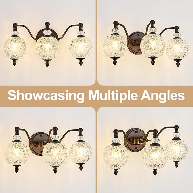 Vintage Bathroom Vanity Light, 3-Light Mid Century Oil Rubbed Bronze Finish Wall Sconce with Globe Glass Shades, Retro Mirror Light for Bathroom, Powder Room