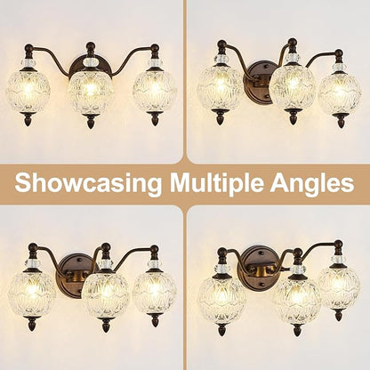 Vintage Bathroom Vanity Light, 3-Light Mid Century Oil Rubbed Bronze Finish Wall Sconce with Globe Glass Shades, Retro Mirror Light for Bathroom, Powder Room