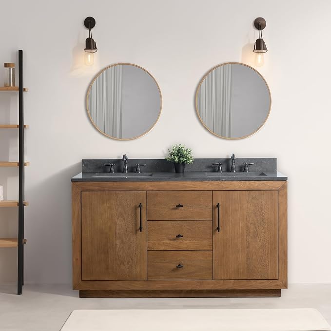 Vanity Art 60 inch Bathroom Vanity with Double Sink, Modern Wood Bath Vanity with Black Carrara Marble Top, Vanity Cabinet with Doors， Removable Shelf, Solid Wood Frame, Tan, VA7060DB