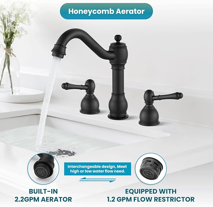 gotonovo 8 Inch Widespread Bathroom Faucets for Sink 3 Hole 2 Lever Handle Deck Mount with Pop Up Drain Hot and Cold Water Supply Lines Matte Black