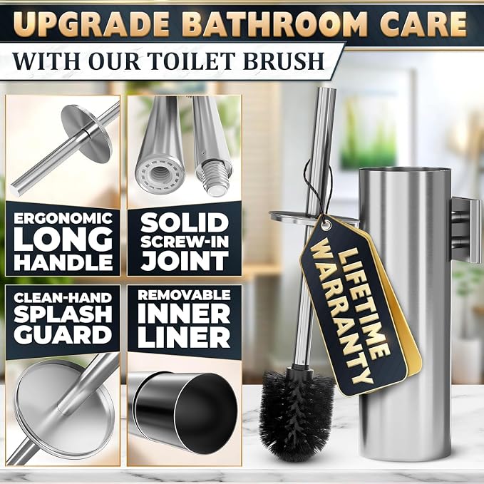 Silver Toilet Brush and Holder Set, Stainless Steel (Wall Mounted) | Bathroom Trash Can and Toilet Brush Set, Splash Protection & Dense Bristles for Bathroom Cleaning, Fits Most Standard Toilets