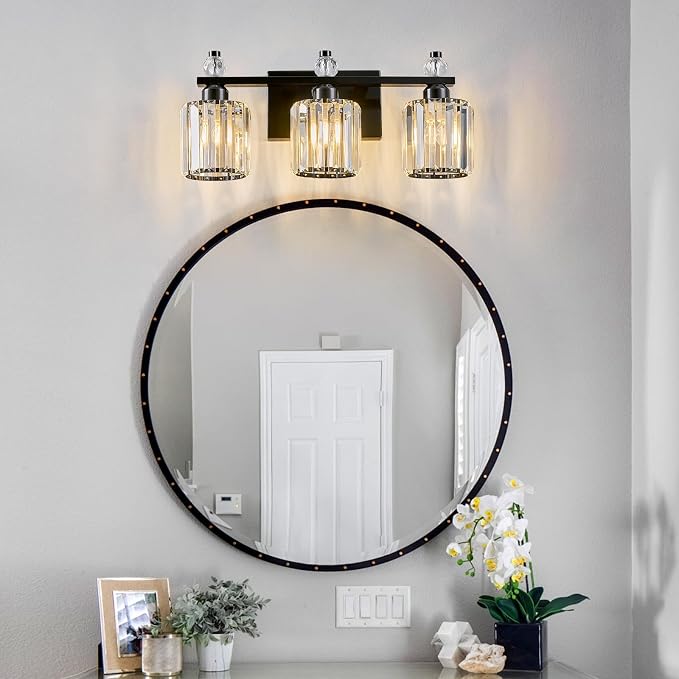 Bathroom Vanity Lights 3-Light Plating Black Modern Crystal Vanity Light Fixtures Over Mirror Crystal Bathroom Vanity Lighting Fixtures