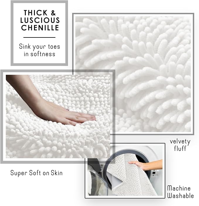 Hearth & Harbor Bathroom Rugs, Chenille Bath Mat - Machine Washable Bath Mats for Bathroom Non-Slip Backing Rubber, Quick Dry Bathroom Mat - Off-White Bath Rug, 17x24