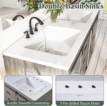 60" Farmhouse Bathroom Double Vanity Sliding Barn Door with Sink Combo, Bathroom Vanity Cabinet with Drawers & Metal Handles, Freestanding, Gray