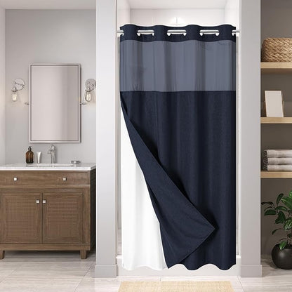 eachope No Hook Fabric Shower Curtain with Snap-in Liner,54x80 Navy Blue | Linen Texture,230GSM Thick Fabric,Hotel Luxury Decor,Mesh Window,Waterproof & Machine Washable,for Shower Stall or Bathroom