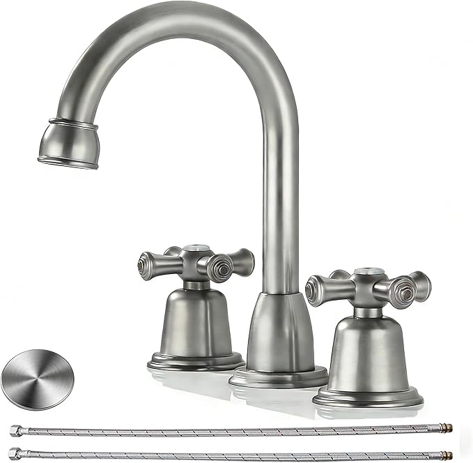 RKF Bathroom Faucets for Sink 3 Hole Brushed Nickel 8 inch Widespread Bathroom Sink Faucet with Drain 2 Handles Cross Knobs Faucet Bathroom Vanity Basin Mixer Tap CWF039-BN
