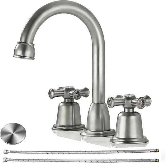 RKF Bathroom Faucets for Sink 3 Hole Brushed Nickel 8 inch Widespread Bathroom Sink Faucet with Drain 2 Handles Cross Knobs Faucet Bathroom Vanity Basin Mixer Tap CWF039-BN
