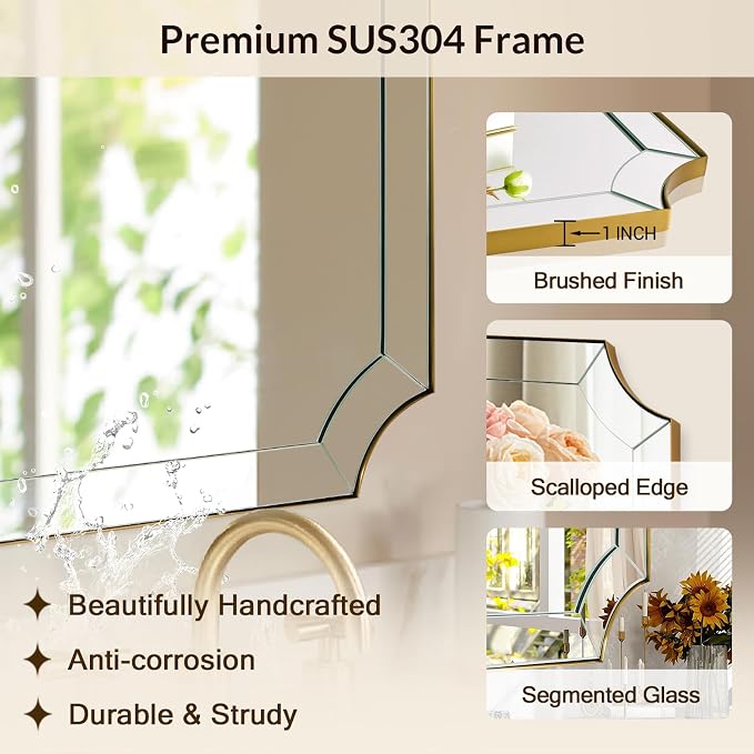 30"x30" Square Bathroom Mirror, Gold Vanity Mirrors for Over Sink, Gold Scalloped Mirror with Glass Pieces, Brass Mirror with Designer-Crafted Notched Corners, Ideal for Home Remodel
