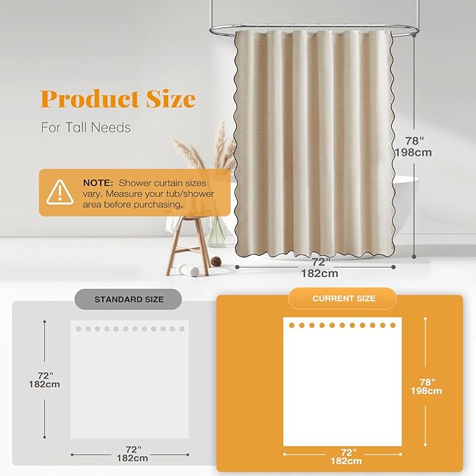 BTTN 78 Long Shower Curtain, Scalloped Linen Textured Thick Cloth Shower Curtain Set with 12 Hooks, Boho Elegant Decorative Waterproof Washable Fabric Shower Curtains for Bathroom - 72x78, Beige/Cream
