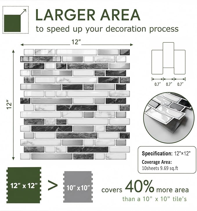 Peel and Stick Backsplash, Self Adhesive 10 Kitchen Tiles 12''x12'' | Gray White 3D Wall Tile Back Splash for Kitchen, Bathroom, Laundry Room