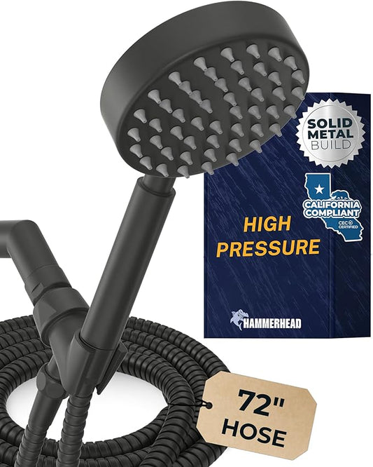 HammerHead Showers® Solid Metal LOW FLOW Handheld Shower Head with Hose and Brass Holder - MATTE BLACK – Water Saving 1.75 GPM Detachable Shower Head - Adjustable Shower Wand Bracket & 6ft Hose