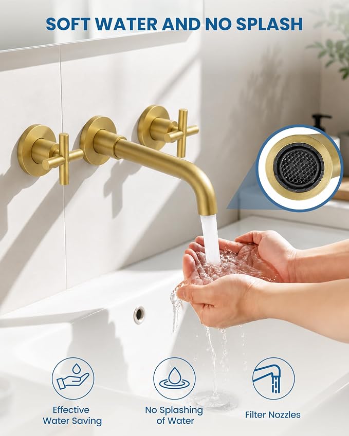 Airuida Solid Brass Antique Brass Wall Mount Bathroom Faucet | 360° Swivel Spout,Rough in Valve,2 Cross Handle,3 Hole,Widespread