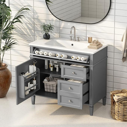 Merax 36'' Bathroom Vanity Without Top Sink, Solid Rubberwood Frame Cabinet | Modern Bathroom Vanity Storage Cabinet with 2 Drawers, Tip-out Drawer, Adjustable Shelf, Soft Closing Doors, Grey