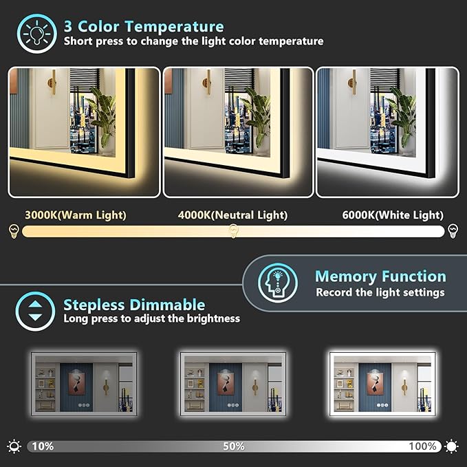 55x30 Black LED Bathroom Mirror, Backlit & Front Lit Lighted Mirror | Metal Framed Anti-Fog Vanity Mirror with Lights, 3 Color Dimmable, Memory, HD Tempered Glass, CRI95, UL Listed, Wall Mounted